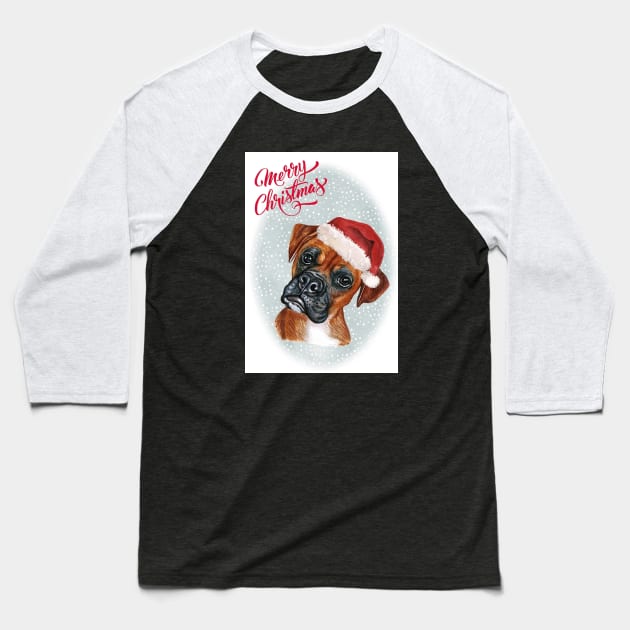 Boxer Dog Merry Christmas Santa Dog Baseball T-Shirt by Puppy Eyes